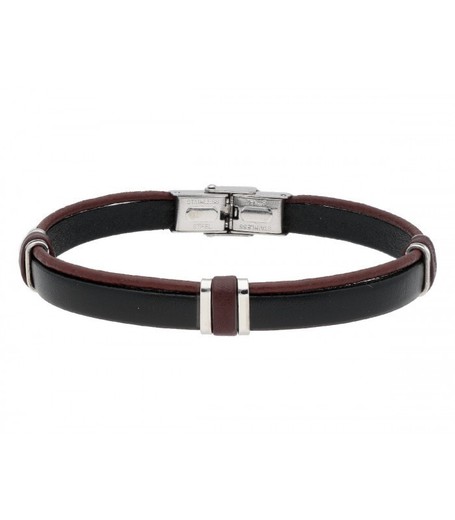 Pulsera Acero Hombre Liska 84BA1522-N Piel Negra Bicolor Marrón