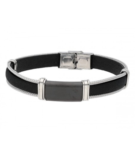 Pulsera Acero Hombre Liska 84BA1523 Piel Negra Bicolor Gris