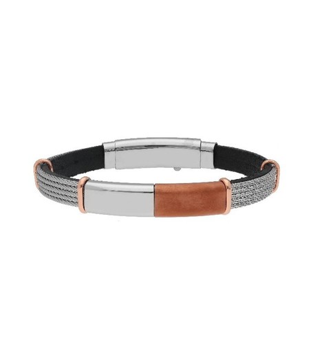 Pulsera Acero Hombre Liska MTC079BR Piel Negra Bicolor Gris