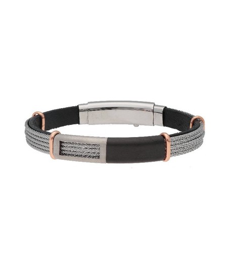 Pulsera Acero Hombre Liska MTC083BR Piel Negra Bicolor Gris