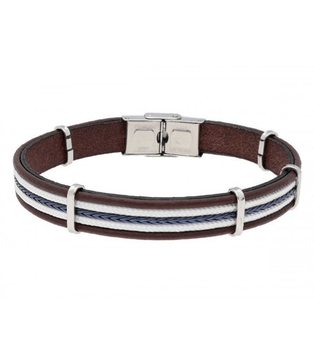 Pulsera Acero Hombre Liska NTK013BR Piel Marrón Hilo Gris