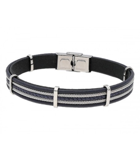 Pulsera Acero Hombre Liska NTK014BR Piel Negra Hilo Gris