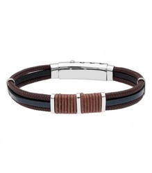 Pulsera Acero Hombre Liska NTK021BR Piel Negra Hilo Marrón