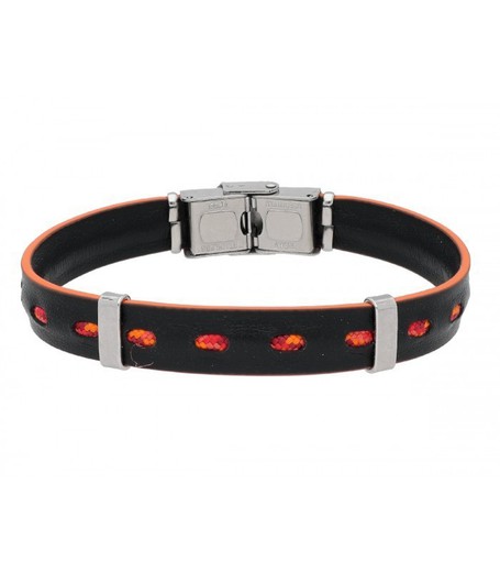 Pulsera Acero Hombre Liska NTK029BR-NJ Piel Negra Cuerda Naranja