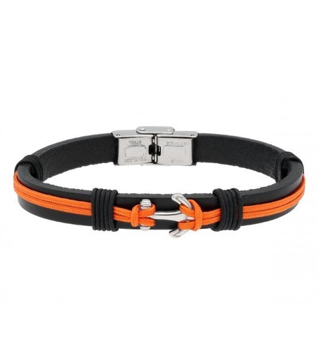 Pulsera Acero Hombre Liska NTK031BR-NNJ Piel Negra Hilo Naranja