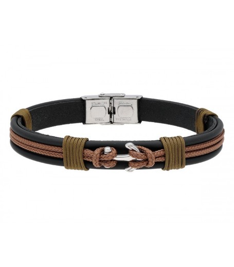 Pulsera Acero Hombre Liska NTK032BR-NM Piel Negra Hilo Marrón