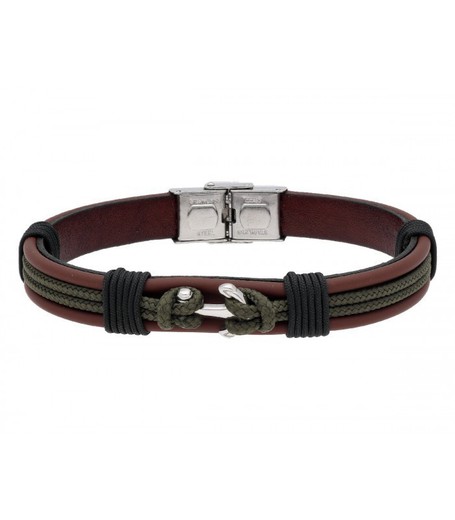 Pulsera Acero Hombre Liska NTK032BR-NVM Piel Marrón Hilo Verde