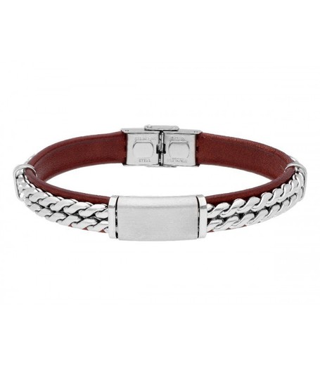 Pulsera Acero Hombre Liska RB224BR-M Piel Marrón Doble Cadena