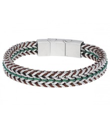 Pulsera Acero Hombre Liska RB240BR Piel Marrón Bicolor Verde Eslabones