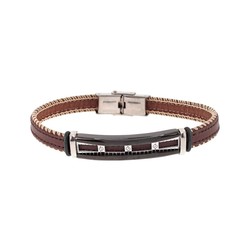 Pulsera Acero Sovrani 21cm AV0208 Piel Marrón Placa Acero Abierta