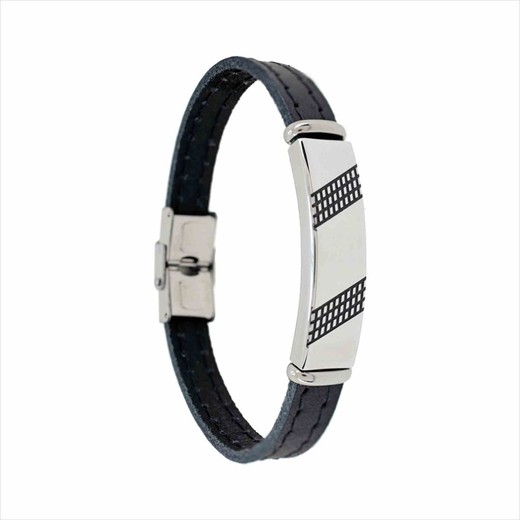 Pulsera Acero Sovrani 21cm AV0259 Piel Negra Placa Acero Bicolor Negro