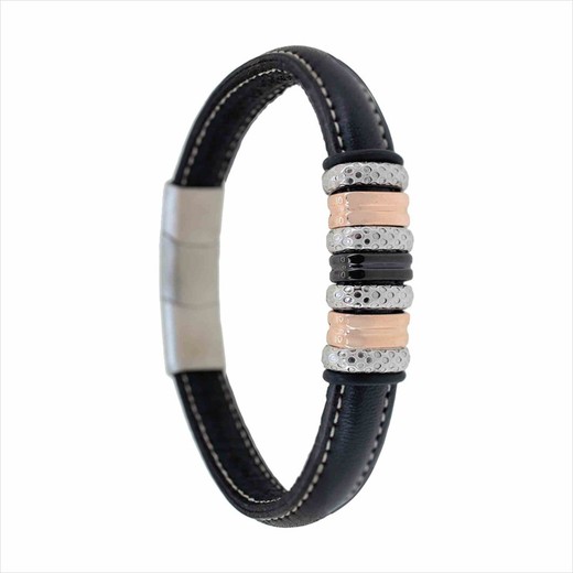 Pulsera Acero Sovrani 21cm AV0263 Piel Negra Cuentas Negras Y Rosadas