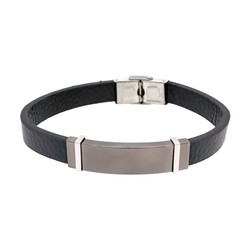 Pulsera Acero Sovrani 21cm BR5092 Piel Negra Placa Gris