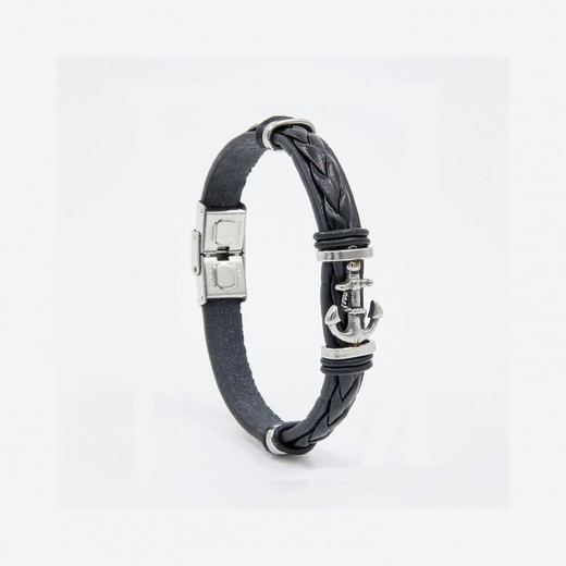 Pulsera Acero Sovrani AV0020 Piel Negra Con Ancla