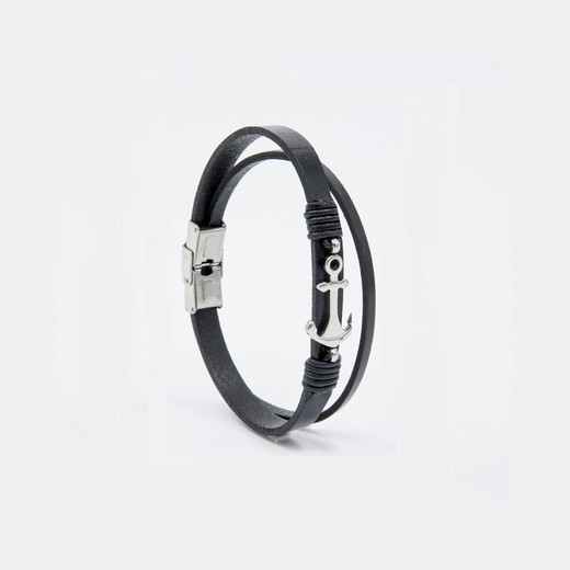 Pulsera Acero Sovrani AV0022 Piel Negra Doble Con Ancla