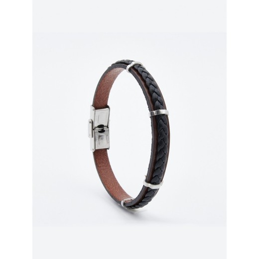 Pulsera Acero Sovrani AV0081 Piel Negra Bicolor Marrón Trenzada