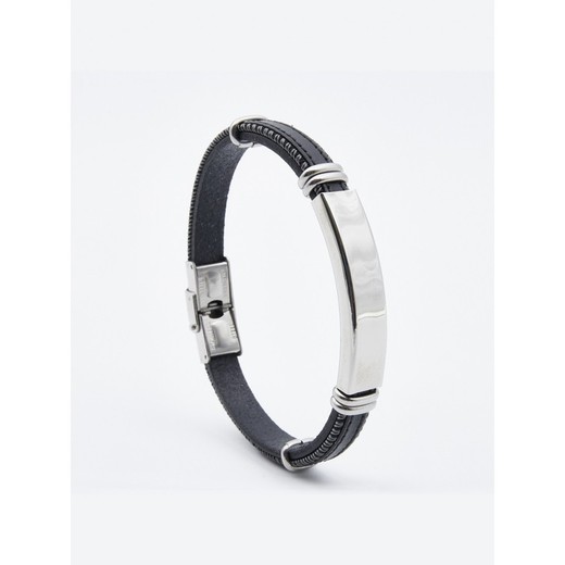 Pulsera Acero Sovrani AV0087 Piel Negra Placa Acero