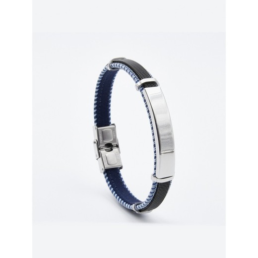 Pulsera Acero Sovrani AV0088 Piel Negra Bicolor Azul Placa Lisa