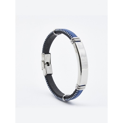 Pulsera Acero Sovrani AV0090 Piel Azul Bicolor Negro Con Placa Lisa