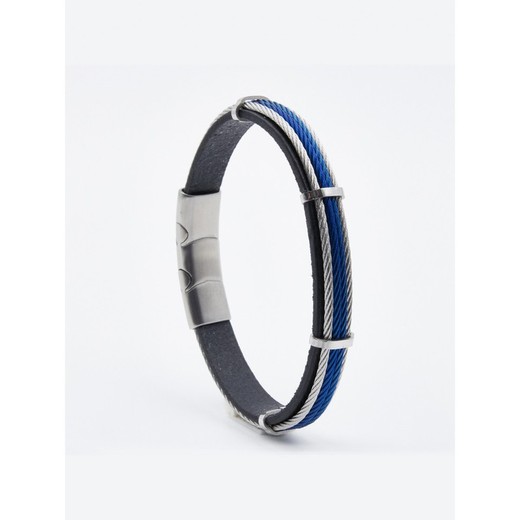 Pulsera Acero Sovrani AV0091 Piel Negra Hilos Azules Bicolor Plata