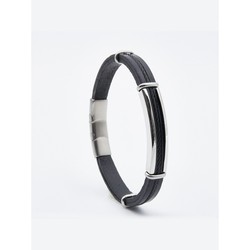 Pulsera Acero Sovrani AV0092 Piel Negra Placa Acero Abierta