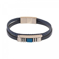 Pulsera Acero Sovrani AV0098 Piel Negra Bicolor Azul Trenzada Placa