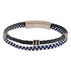 Pulsera Acero Sovrani AV0114 Piel Negra Trenzada Doble Trenzada Azul