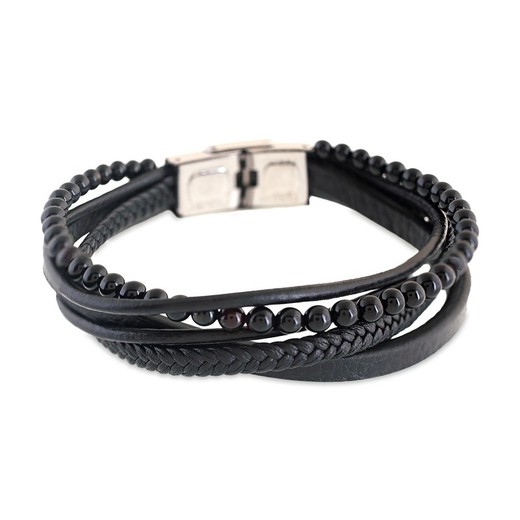 Pulsera Acero Sovrani AV0130 Multiples Tiras De Piel Negra Bolitas