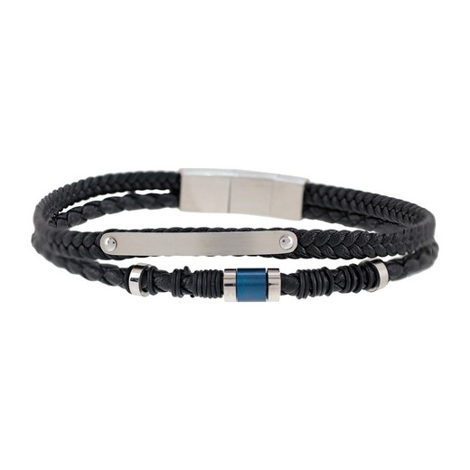 Pulsera Acero Sovrani AV0165 Doble Piel Negra Trenzada