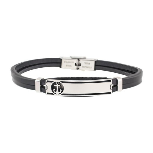 Pulsera Acero Sovrani AV0174 Piel Negra Placa Ancla