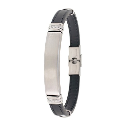 Pulsera Acero Sovrani AV0178 Piel Negra Placa Lisa