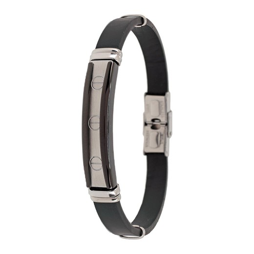 Pulsera Acero Sovrani AV0188 Piel Negra Placa Acero