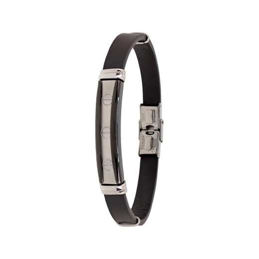 Pulsera Acero Sovrani AV0192 Piel Negra Placa