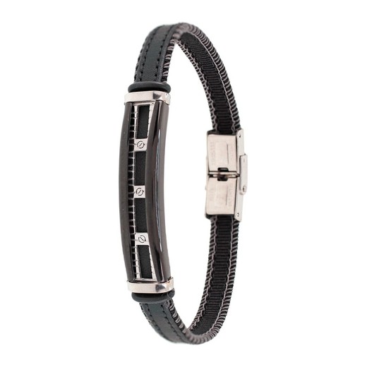 Pulsera Acero Sovrani AV0206 Piel Negra Con Placa Central