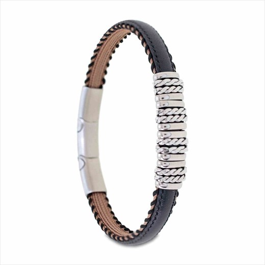 Pulsera Acero Sovrani AV0236 Piel Negra Placa Acero