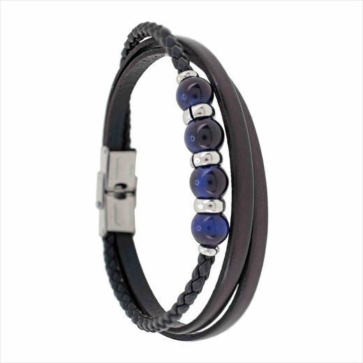 Pulsera Acero Sovrani AV0251 Piel Negra Ojo De Tigre Azul