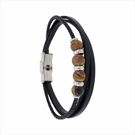 Pulsera Acero Sovrani AV0252 Piel Negra Ojo De Tigre Rojo