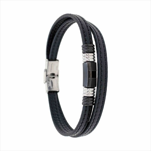 Pulsera Acero Sovrani AV0254 Piel Negra Doble Con Placa Negra