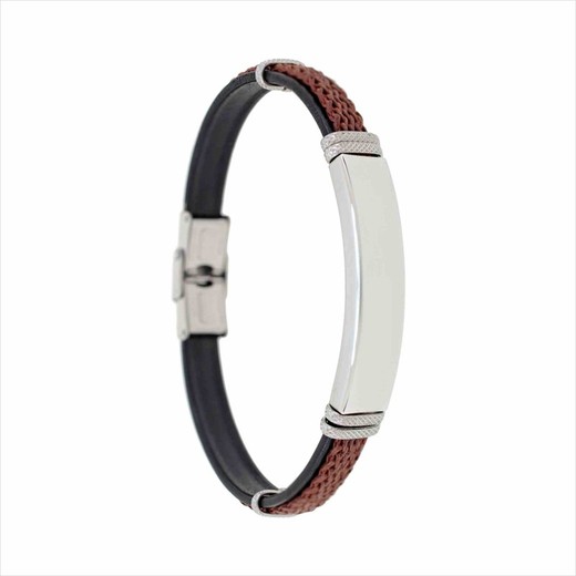 Pulsera Acero Sovrani AV0268 Piel Negra Bicolor Marrón Trenzada Placa