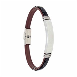 Pulsera Acero Sovrani AV0270 Piel Marrón Bicolor Negra Trenzada Placa