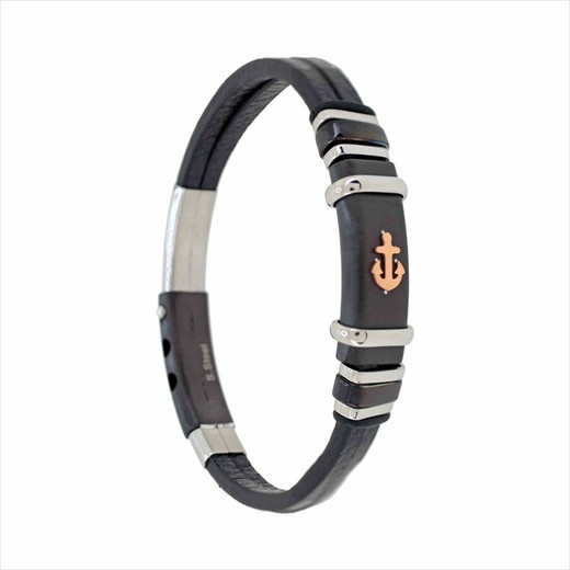 Pulsera Acero Sovrani AV0271 Piel Negra Lisa Con Ancla