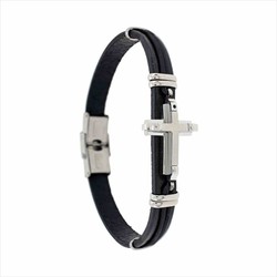 Pulsera Acero Sovrani AV0272 Piel Negra Cruz