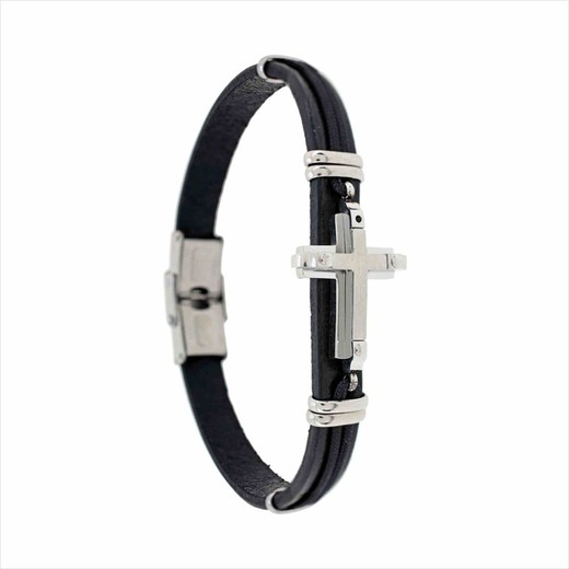 Pulsera Acero Sovrani AV0272 Piel Negra Cruz