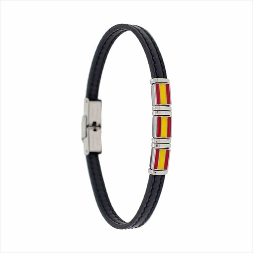 Pulsera Acero Sovrani AV0273 Piel Negra Con Bandera De Espańa