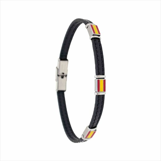 Pulsera Acero Sovrani AV0274 Piel Negra Con Bandera De Espańa