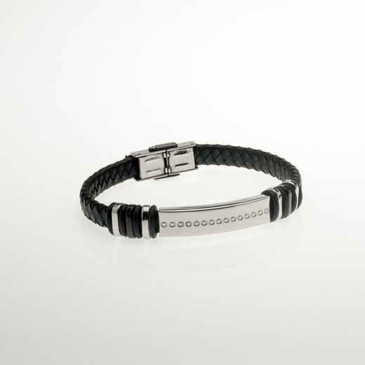 Pulsera Acero Sovrani BR2329 Piel Negra Placa