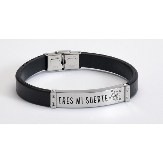 Pulsera Acero Sovrani BR2384/11 Piel Negra Placa Eres Mi Suerte