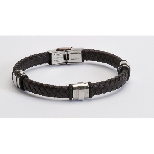 Pulsera Acero Sovrani BR2459 Piel Negra Trenzada Con Placas