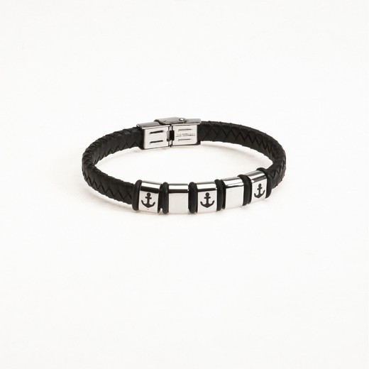 Pulsera Acero Sovrani BR3012 Piel Negra Trenzada Con Anclas