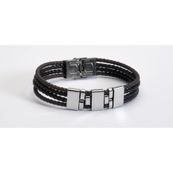 Pulsera Acero Sovrani BR3364 Piel Negra 4 Bandas Trenzadas